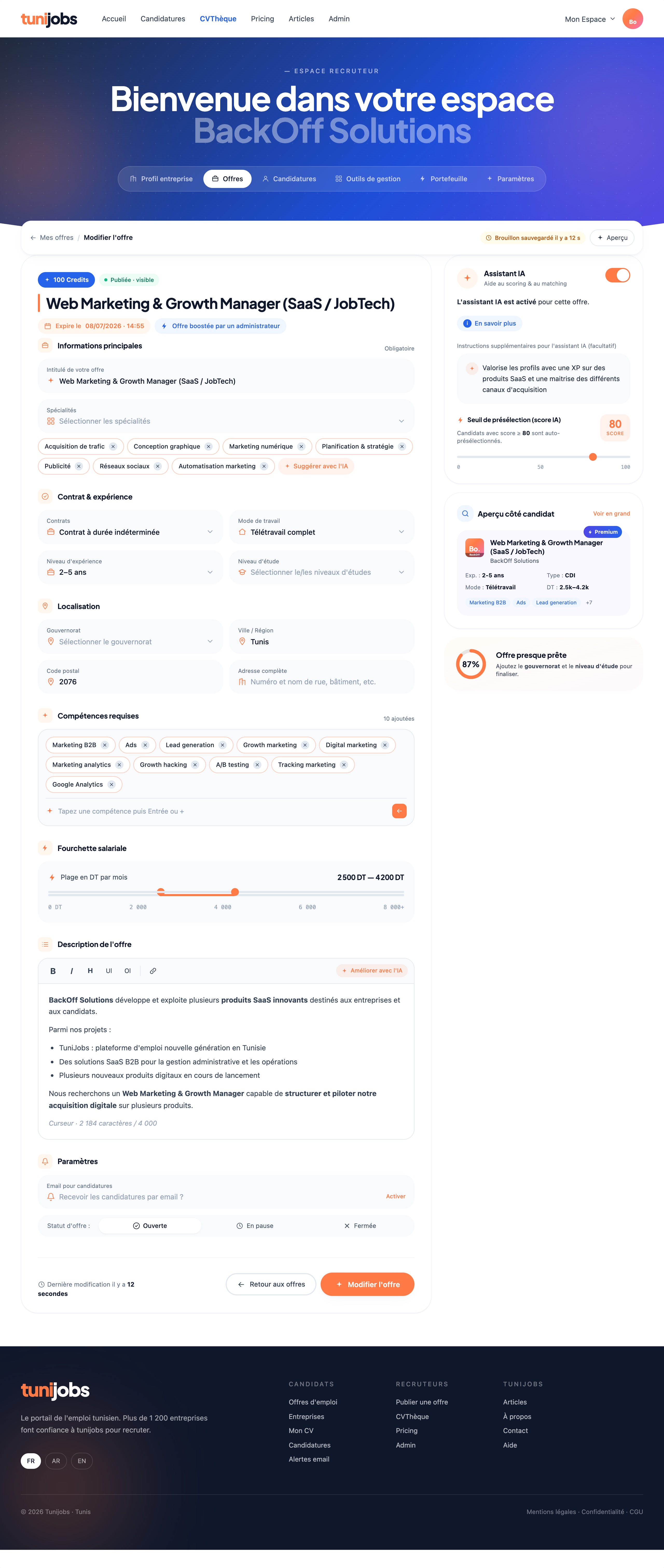 Édition d'une offre dans l'espace recruteur Tunijobs